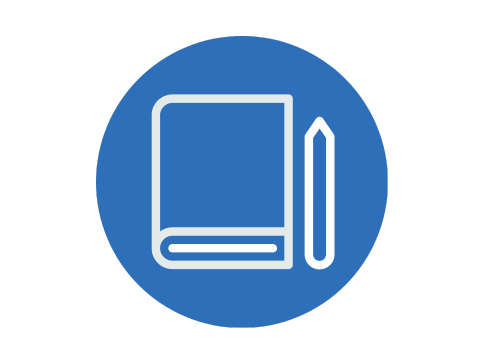 Blue circle with pencil and book icon.